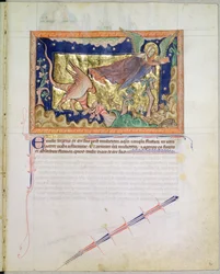 The Woman Flying Away as the Earth Swallows the Water Spewed Out by the Red Dragon, from the Gulbenkian Apocalypse, c.1265-70